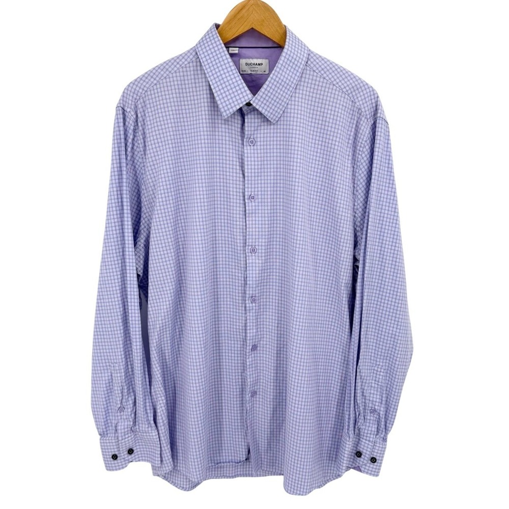 Duchamp Mens 18 XXL 46 Slim Fit Dress Shirt Long Sleeve Button Up Purple Gingham